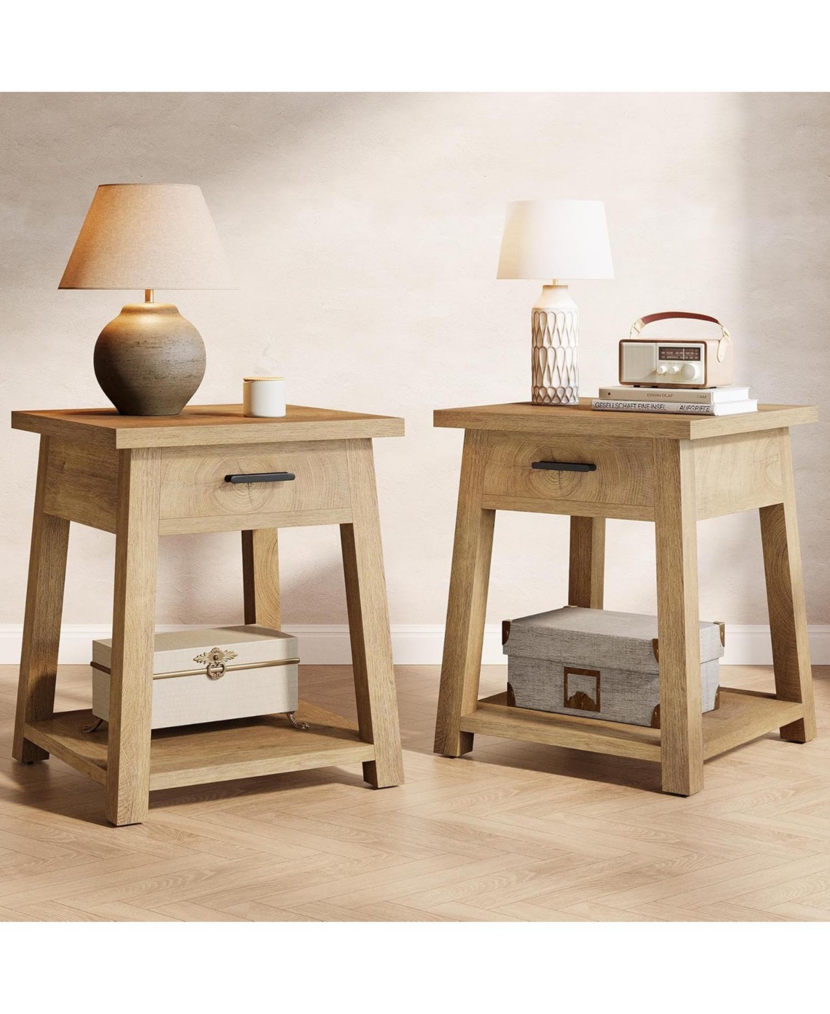 Tribesigns Farmhouse Square Side Table Set of 2, 2 -Tier Wooden End Table with Drawer, Rustic Nightstands with Shelf Storage