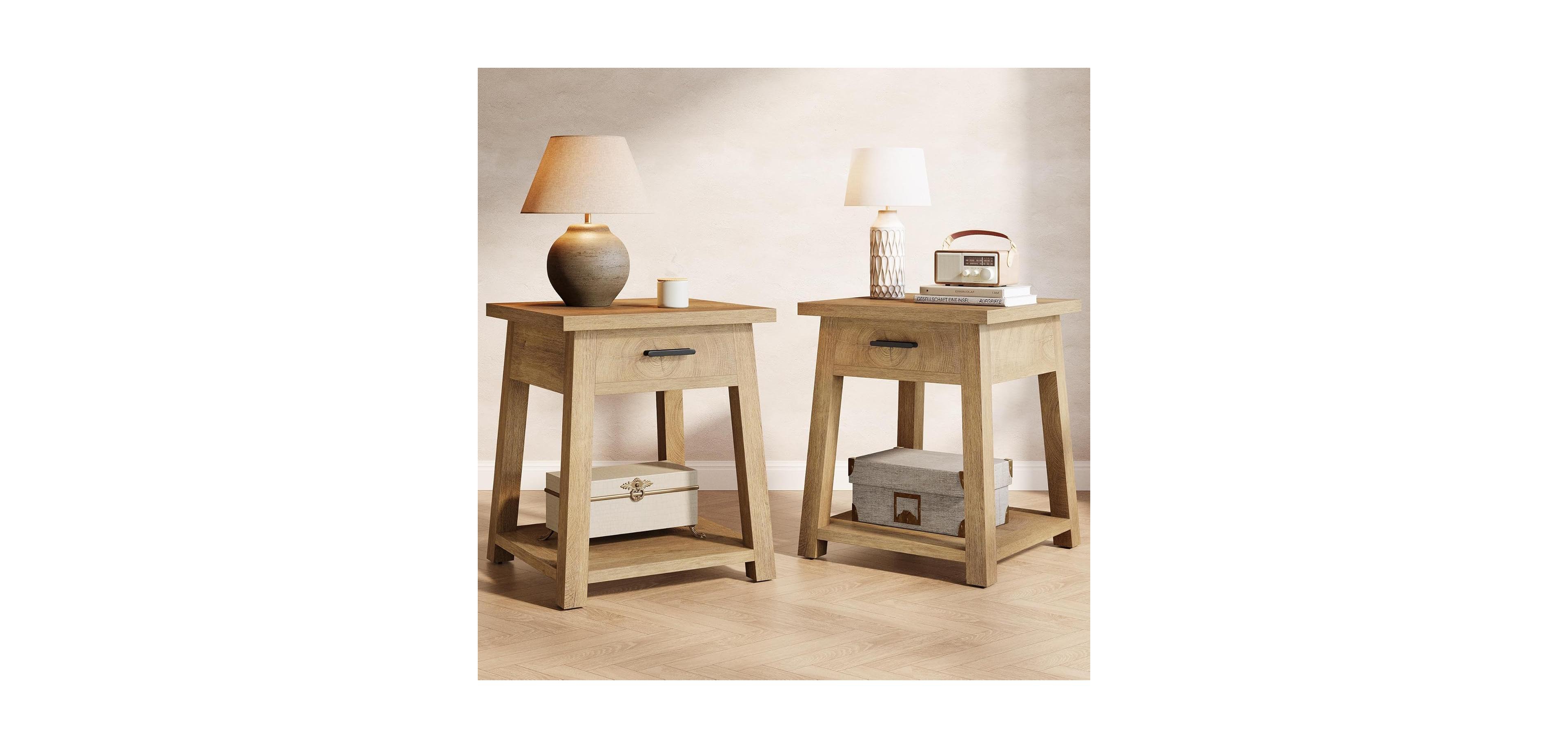 Tribesigns Farmhouse Square Side Table Set of 2, 2 -Tier Wooden End Table with Drawer, Rustic Nightstands with Shelf Storage