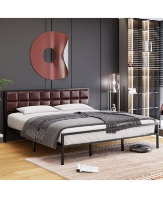 Size Bed Frame, Faux Leather Platform Bed Frame with Upholstered Square Stitched Headboard