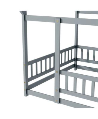 Full Size House Floor Bed with Roof Frame & Safety Guardrails Wooden Play Bed for Kids and Teens