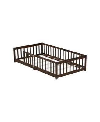 Twin Size Floor Bed with Safety Fence Rubber Wood Kids Bed for Toddler Room & Play Space