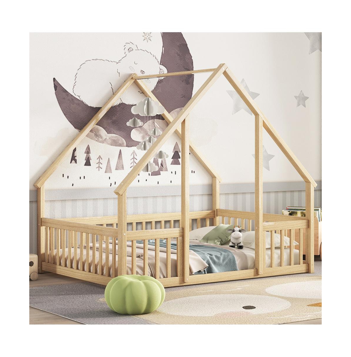 Cesicia Full Wood House Floor Bed with Safety Fence & Roof Frame Play for Kids and Teens