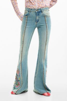 Women's Denim pants with floral stitching