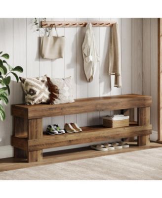 Entryway Bench, 59-Inch Farmhouse Shoe Bench Seat, 2-Tier Narrow Long End of Bed Storage Benches, Rustic Brown