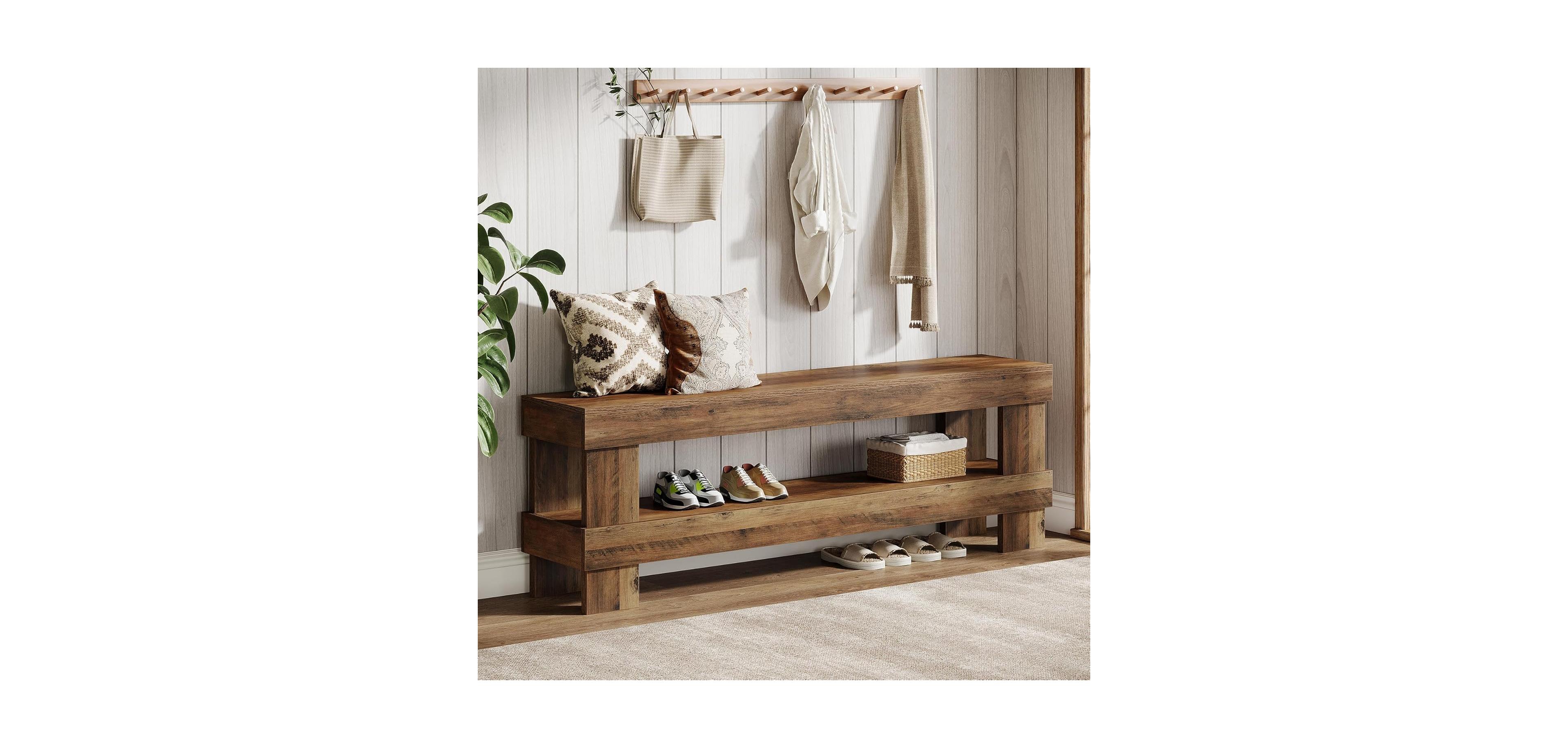 Tribesigns Entryway Bench, 59-Inch Farmhouse Shoe Bench Seat, 2-Tier Narrow Long End of Bed Storage Benches, Rustic Brown