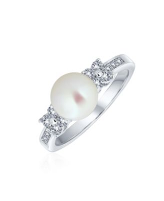 Classic White Culture Pearl Cocktail Ring CZ Side Accent Band Silver Plated