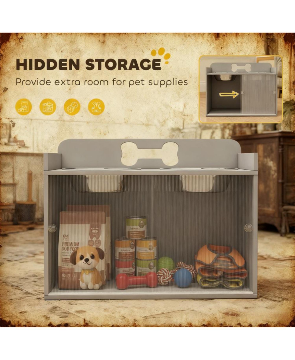 Aostirmotor 23.6 in. Wide Dog Bowls with 2 Stainless Steel Bowl in Grey