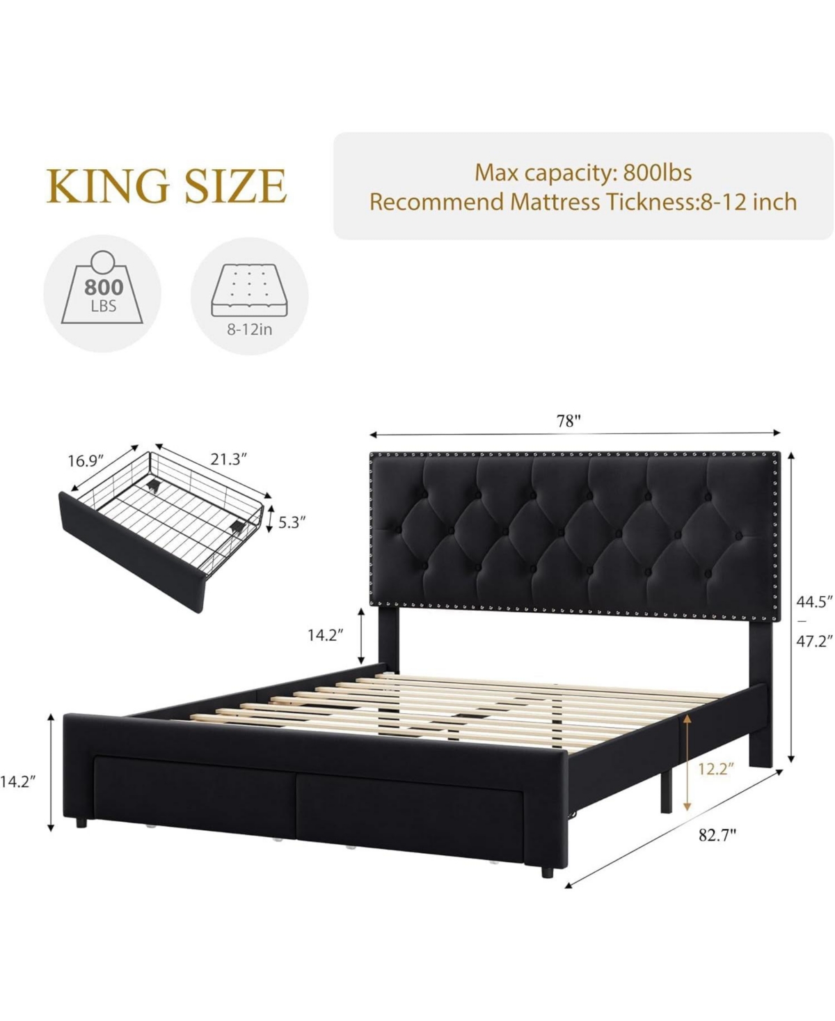 Gaomon King Size Bed Frame Space Saving, for Living Room
