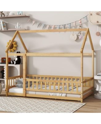 Twin House-Shaped Floor Bed with Fence & Roof Frame Wooden Play Bed for Kids Room
