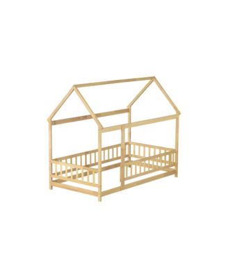 Twin House-Shaped Floor Bed with Fence & Roof Frame Wooden Play Bed for Kids Room