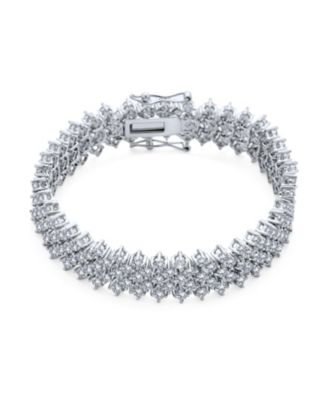 Special Occasion Jewelry Multi Row Wide Cubic Zirconia CZ Statement Bracelet Silver Plated