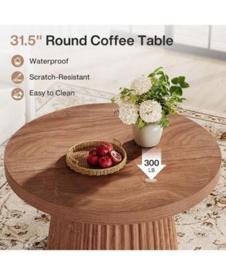 31.5" Round Coffee Table, Farmhouse Center Table with Fluted Base, Walnut