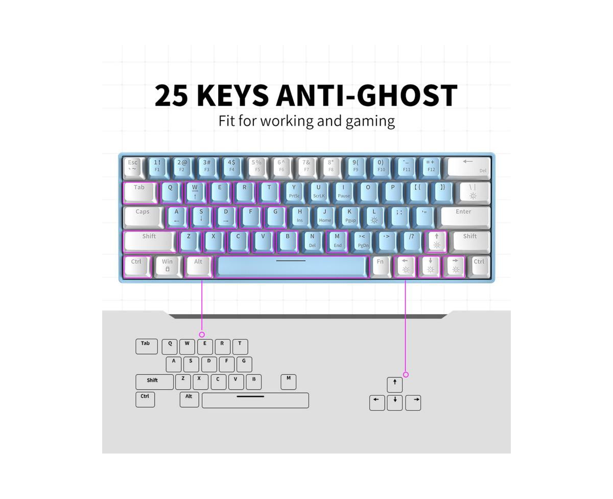 Risokeys 63-Key Wired Mechanical Keyboard, Hot-Swappable Blue Switches, Rainbow Backlit, 25-Key Anti-Ghosting for Gaming & Office.