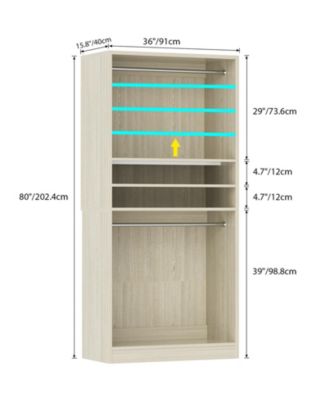 36" Wooden Closet Organizer with Adjustable Shelves, Freestanding Wardrobe with Hanging Rails