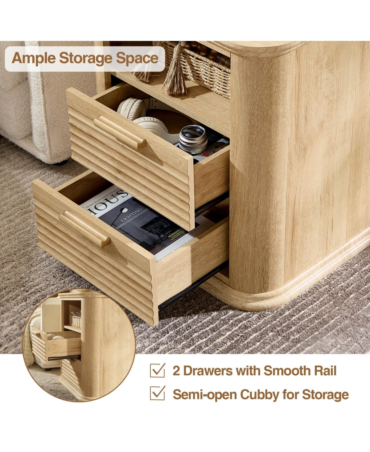 Cesicia Fluted 22 in. Nightstand with Charging Station, 2 Drawers & Open Storage for Bedroom or Living Room