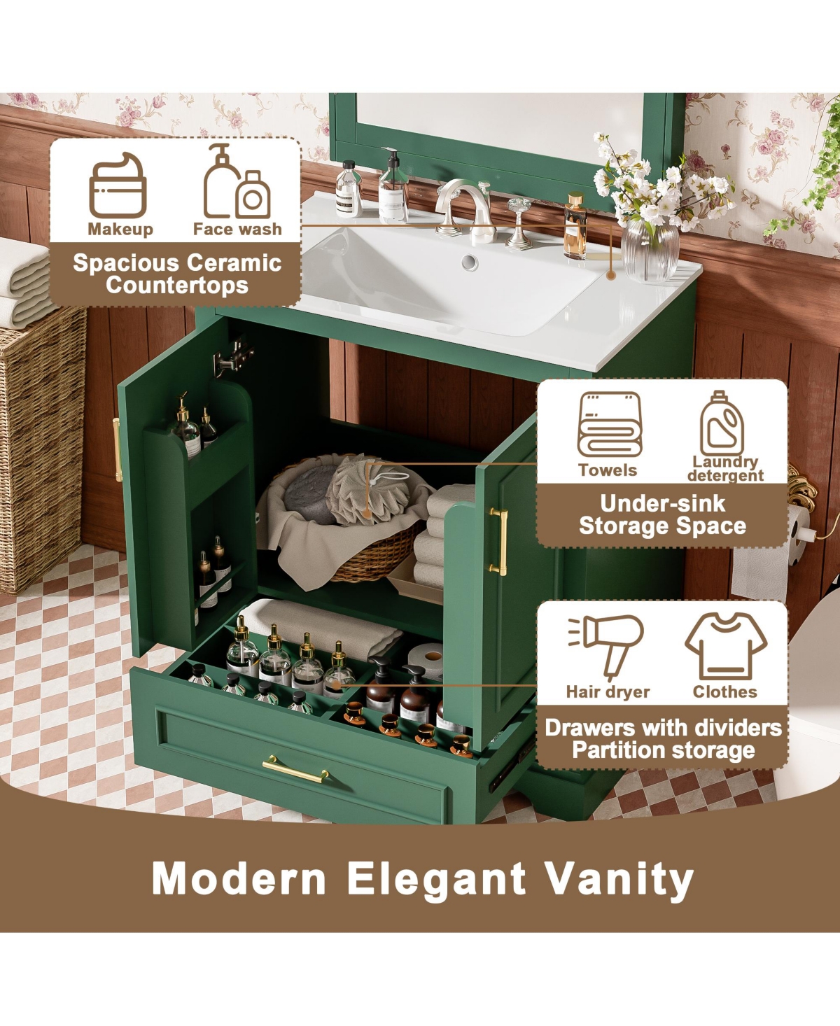 Cesicia Freestanding 30 in. Bathroom Vanity with Sink, Mdf and Solid Wood Frame, 1 Divider Drawer and 2 Soft-close Doors (Double Shelf on Door)