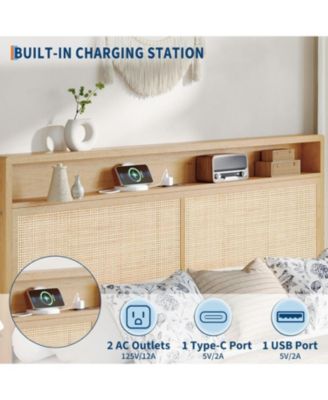 Rattan Bed Frame with LED Lights, Boho Wood Bed Frame with Storage Headboard & Charging Station, No Box Spring Needed