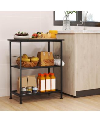 3-Tier Kitchen Serving Cart Utility Standing Microwave Rack with Hooks Rustic