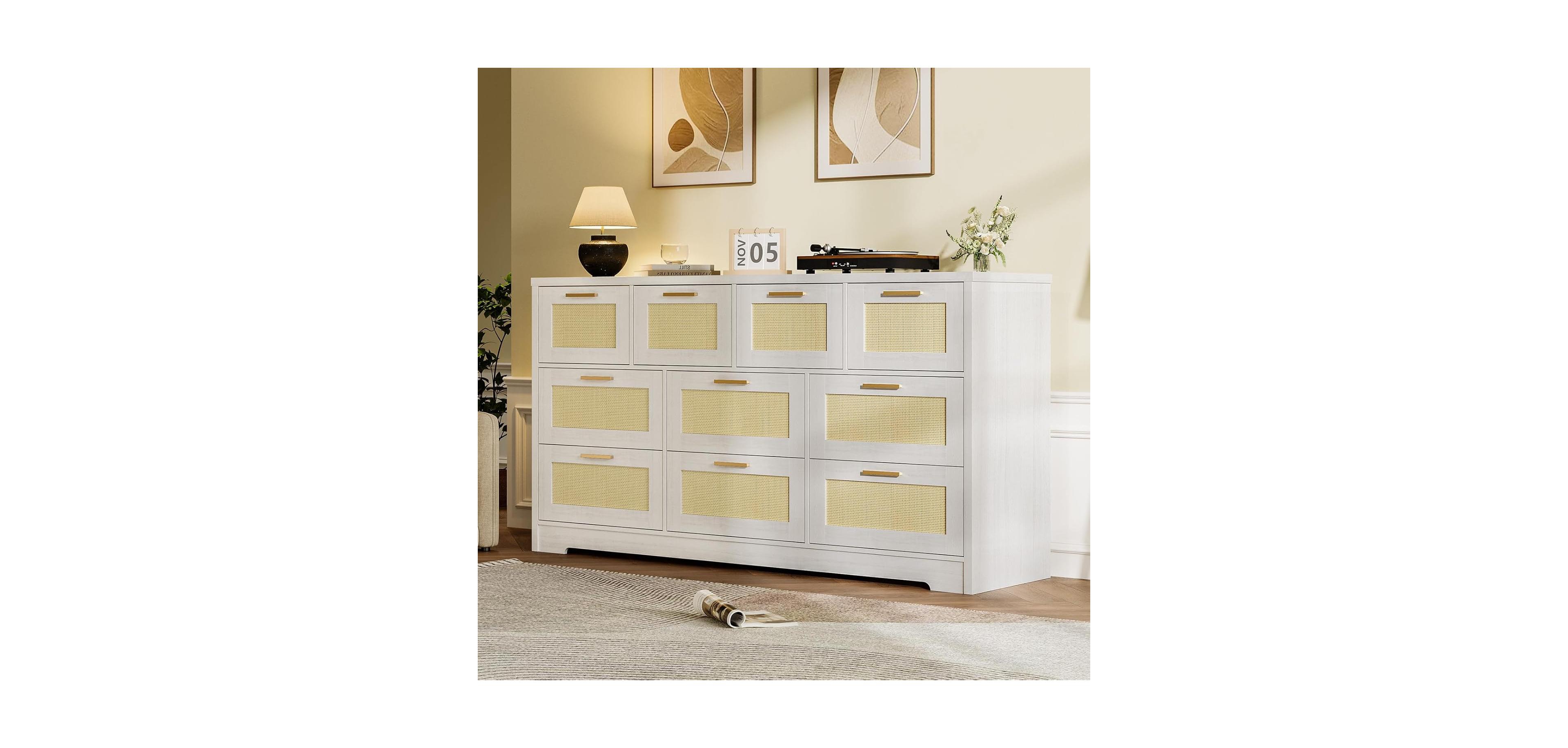 gaomon Rattan 10 Drawer Dresser, Modern Farmhouse Wood Chest of Drawers for Bedroom, Wide Storage Organizer Tv Stand for Living Room, Entryway