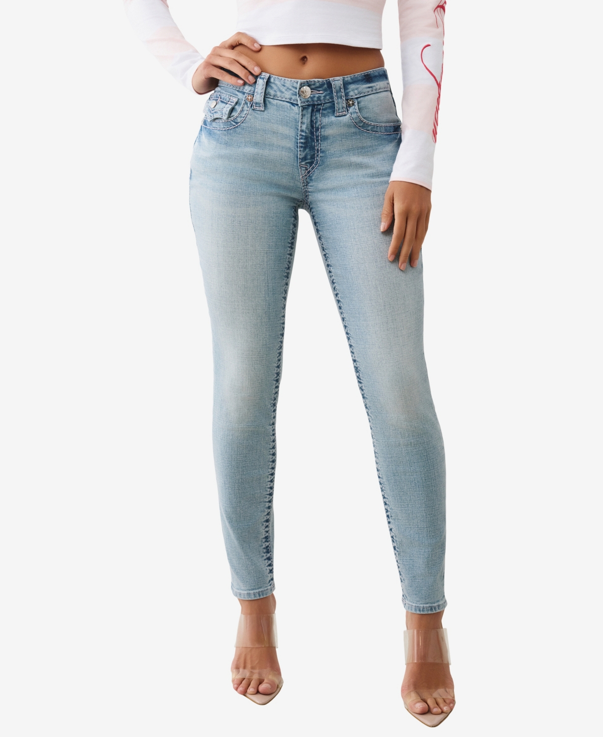 True Religion Women's Jennie Mid Rise Skinny Big T Flap Jeans