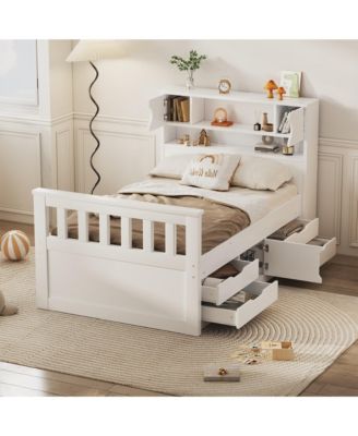 Twin Size Captain Platform Bed Frame with Storage Bookcases and Shelves,Four Drawers