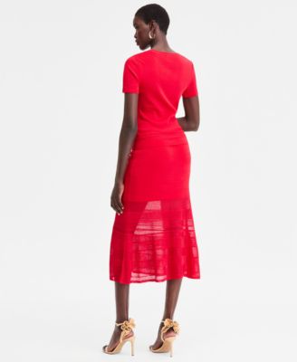 Pointelle Stripe Short Sleeve Sweater & Midi Skirt