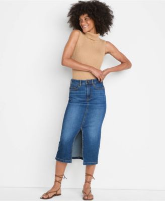 Women's Soft Denim Midi Column Skirt