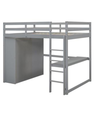 Wood Full Size Loft Bed with Built-in Wardrobe, Desk, Storage Shelves and Drawers
