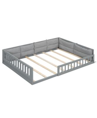 Wood Full Size Upholstered Platform Bed with Guardrail and Pillow