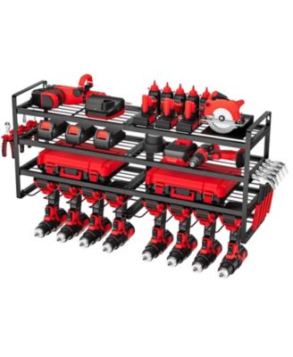 Wall-Mount Tool Organizer, 4-Tier Rack with 8 Drill Holders & Screwdriver Slots.