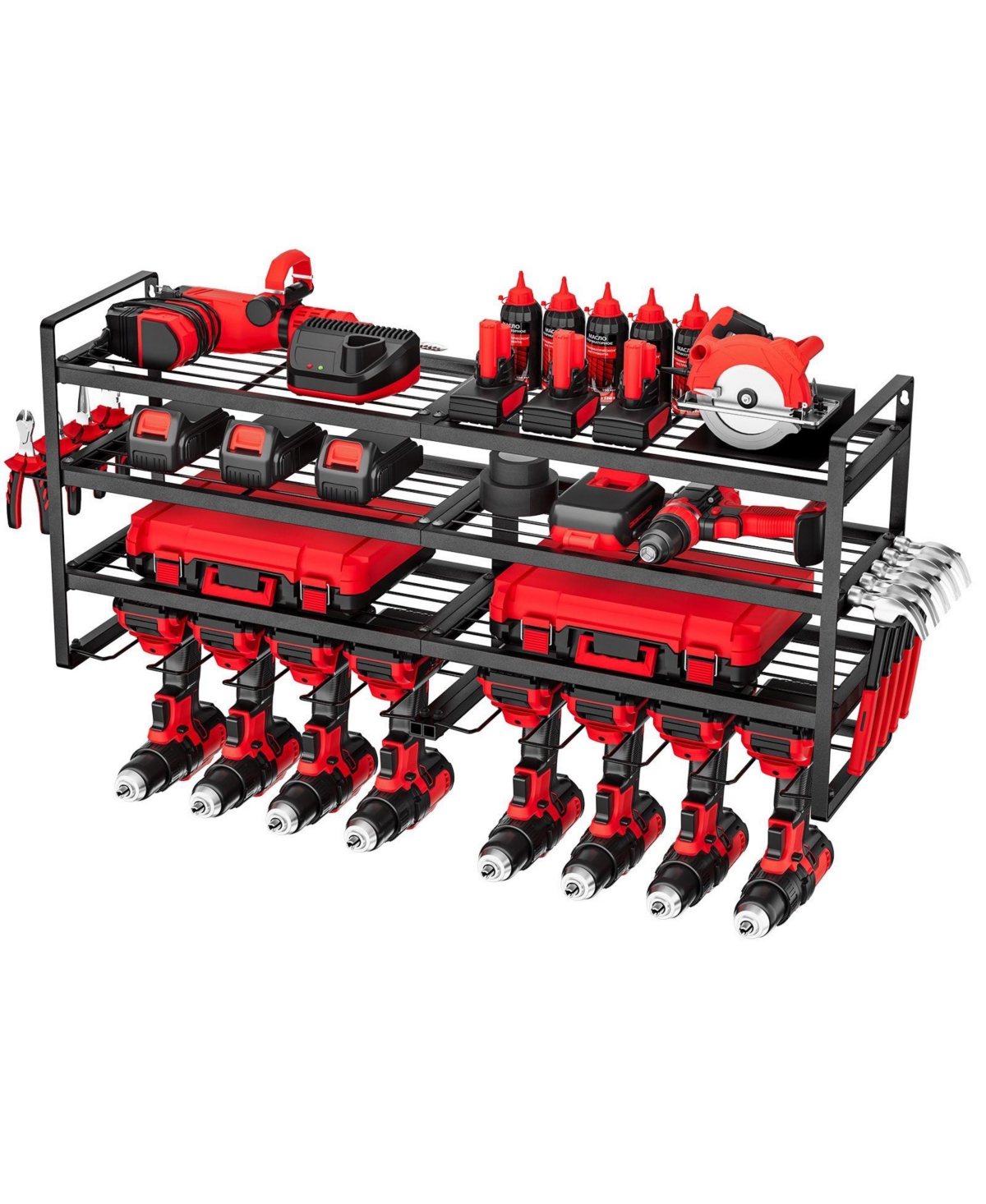 Mecale Wall-Mount Tool Organizer, 4-Tier Rack with 8 Drill Holders & Screwdriver Slots.