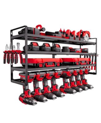 Wall-Mount Tool Organizer, 4-Tier Rack with 8 Drill Holders & Screwdriver Slots.