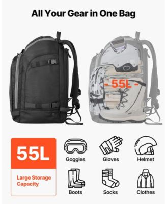 55L Ski Boot Bag Travel Backpack, Waterproof Exterior and Bottom, Durable 1680D Oxford, for Men and Women, Black