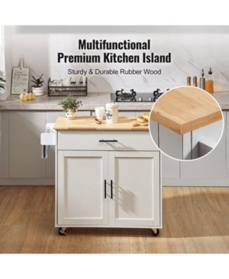 Kitchen Island Cart with Solid Wood Top, 35.4" Wide, Storage Cabinet, Drop Leaf, Drawer, Spice Rack, Towel Rack, Rolling, White