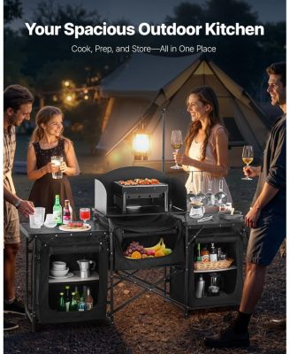 Camping Kitchen Table, Aluminum Portable Cook Station with 3 Storage Cupboards, Detachable Windscreen, Carrying Bag, Black