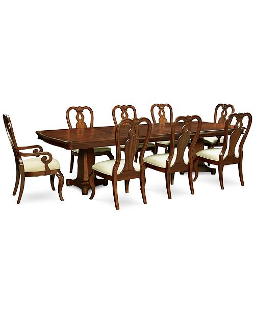 Bordeaux Double Pedestal 9 Pc Dining Set Dining Table 6 Queen Anne Side Chairs 2 Queen Anne Arm Chairs