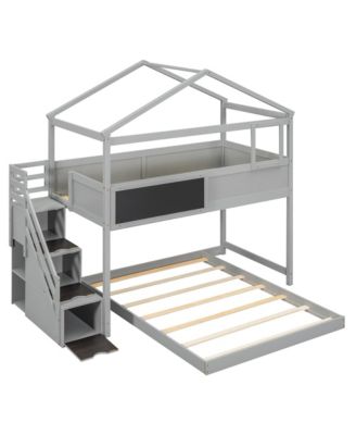 Twin Over Full House Bunk Bed with Storage Staircase and Blackboard