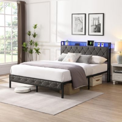 Twin Size Wood Platform Bed with House-shaped Headboard and Built-in LED