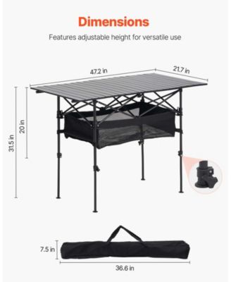 Roll-Up Folding Camping Table, Adjustable Height Aluminum, Storage Bag & Carry Bag, Black