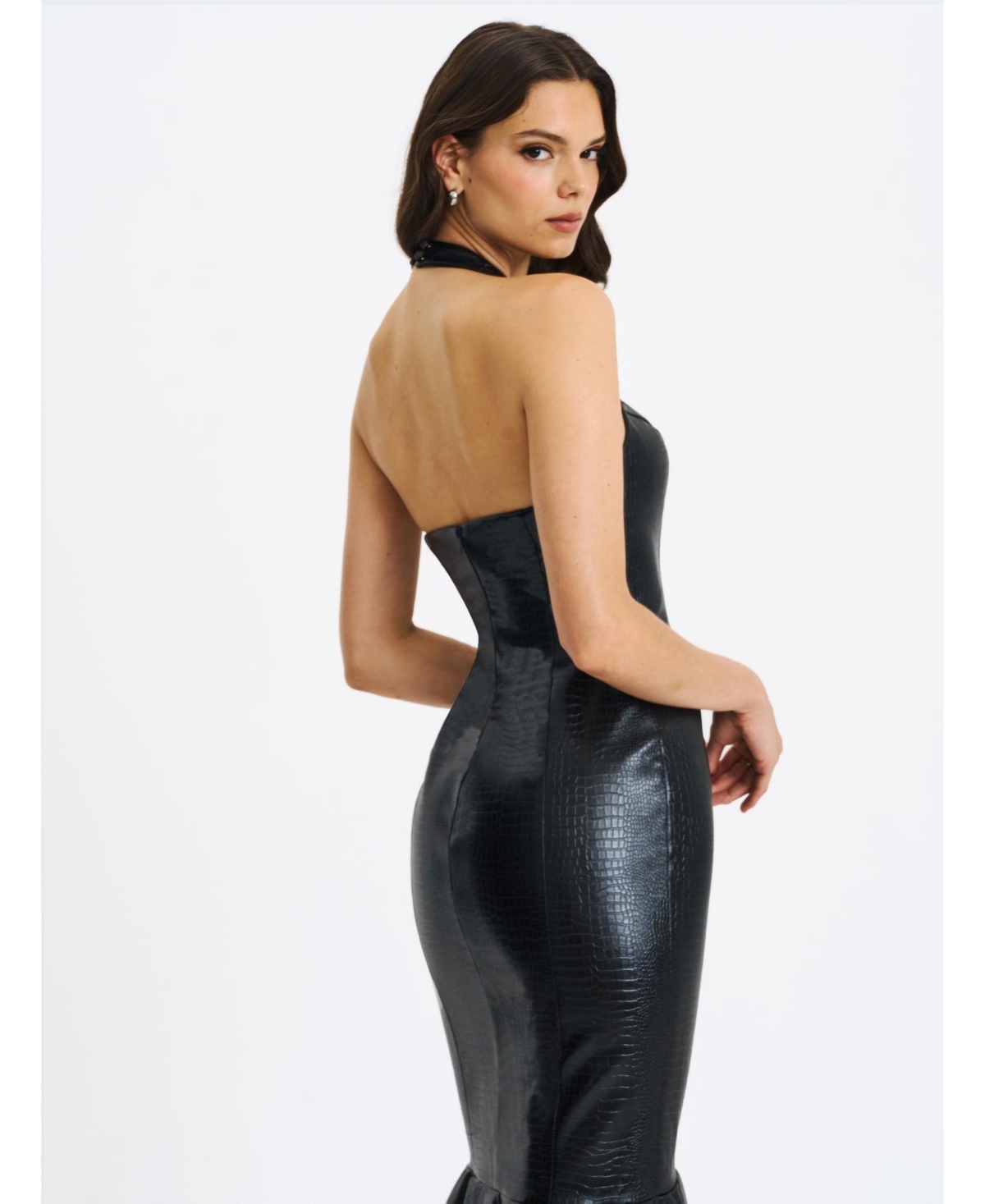 Miss Circle Women's Gardenia Black Leather Midi Sweetheart Halter Flared Dress