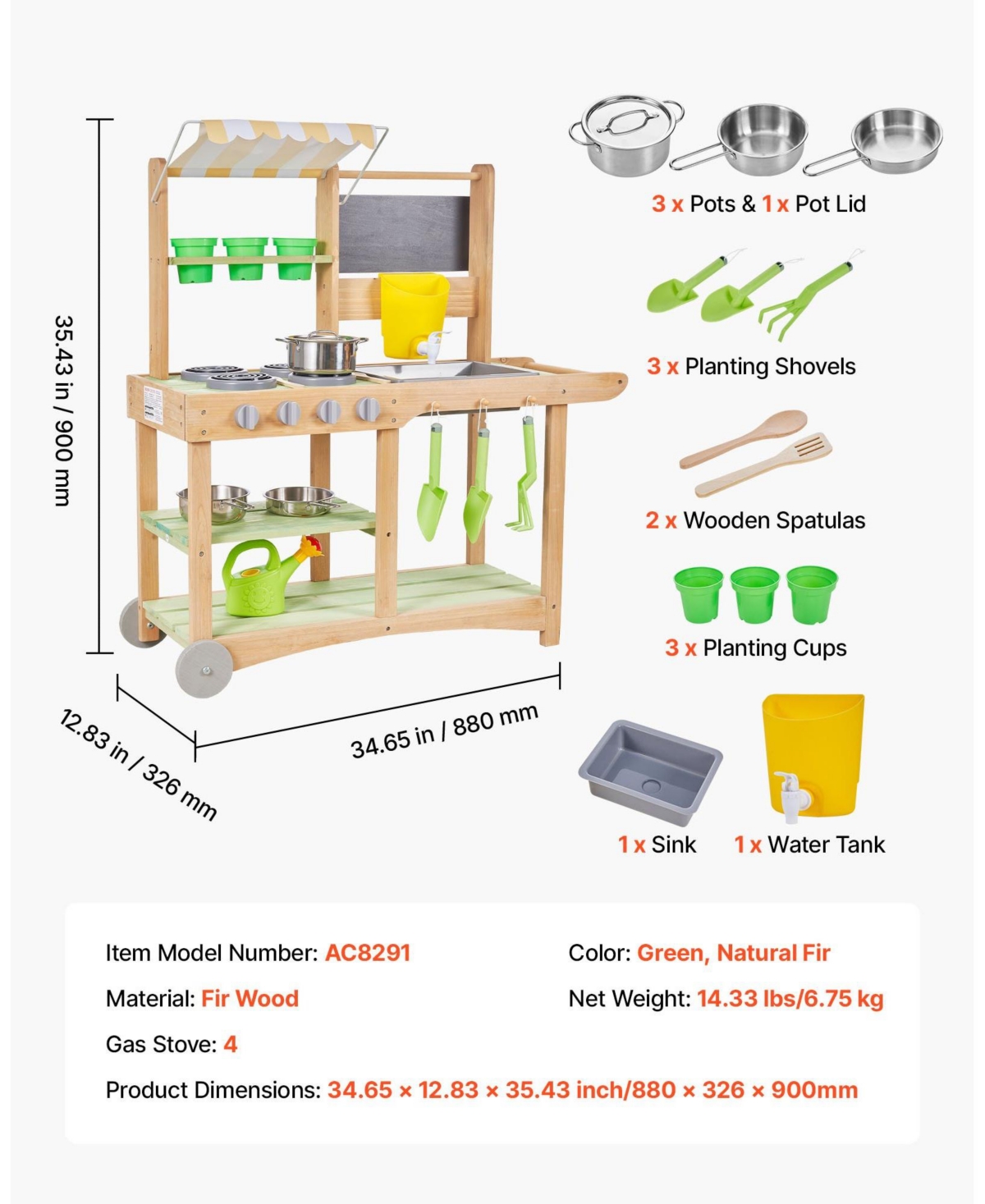 Mecale Kids Outdoor Mud Kitchen, Wooden Play Kitchen with Sink, Sunshade Canopy & Swivel Wheels, Spoons, Cookware Pots & Accessories