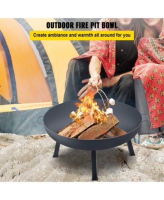 34-Inch Round Carbon Steel Fire Pit Bowl, Wood Burning Fire Bowl with Drain Hole, Portable Handles and Firewood Stick, Black