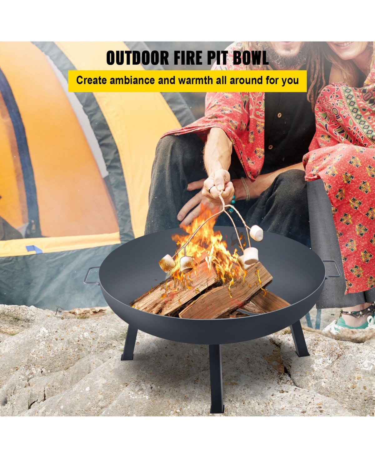 Ecooso 34-Inch Round Carbon Steel Fire Pit Bowl, Wood Burning Fire Bowl with Drain Hole, Portable Handles and Firewood Stick, Black