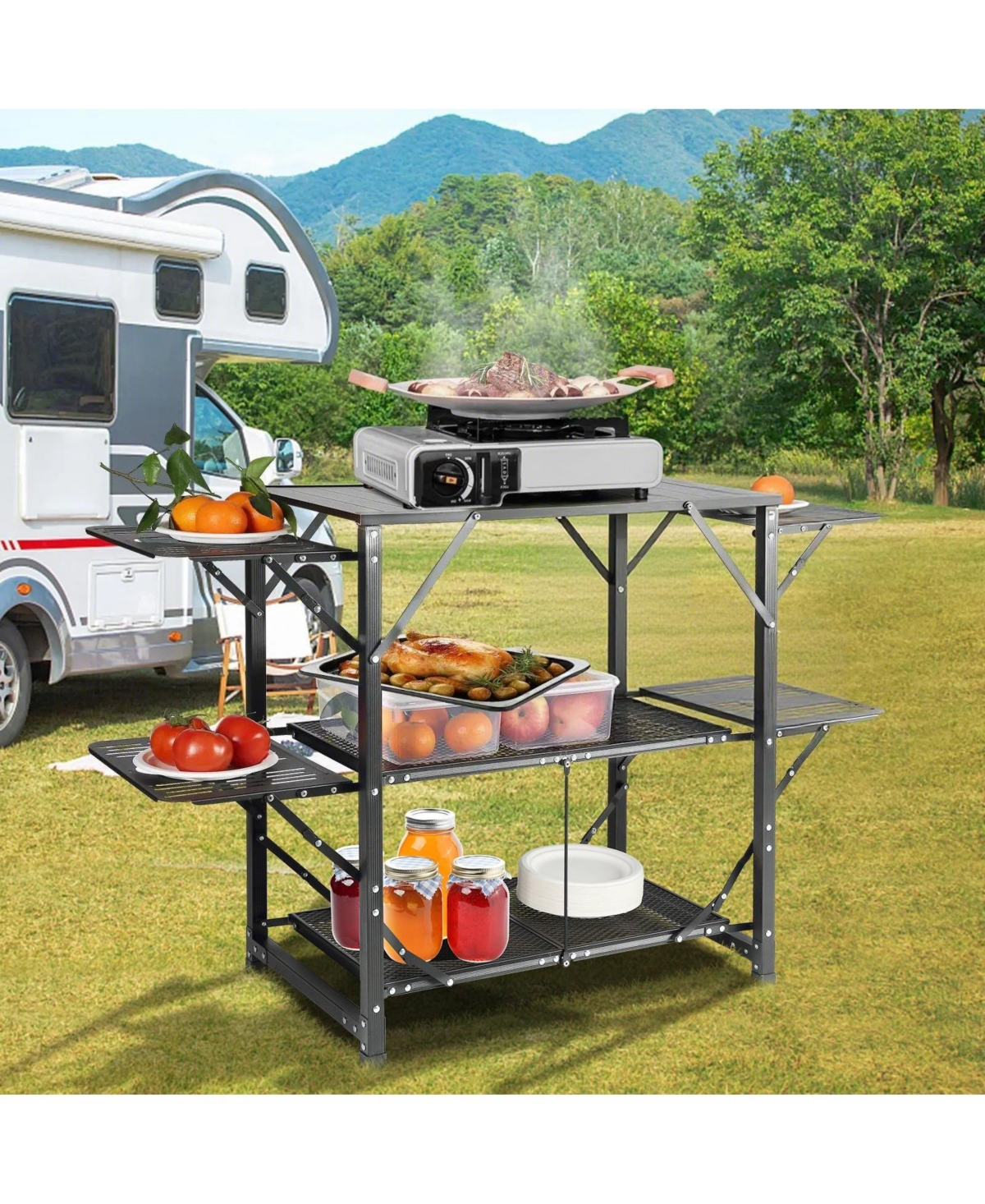 Mecale Camping Kitchen Table Cook Station, One-Piece Folding Portable Aluminum Table with Carrying Bag, 4 Side Tables and 2 Shelves