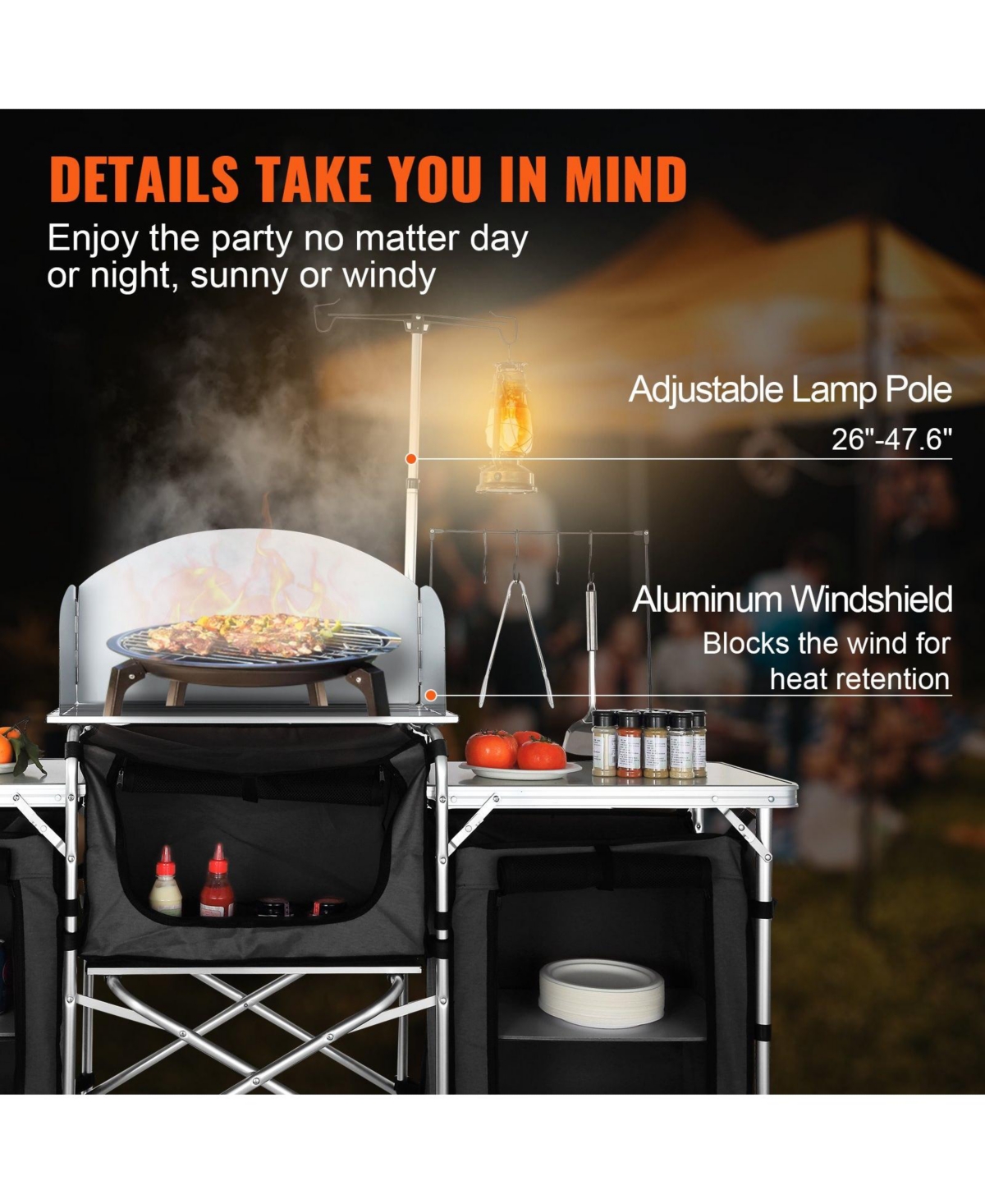 Mecale Camping Kitchen Table, Folding Outdoor Cook Station with 3 Cupboards & Windscreen, Carry Bag, Black