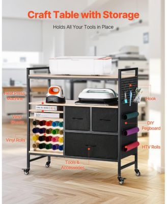 Rolling Craft Cart & Storage Table for Cricut Machines, 20 Vinyl Roll Holders, 3 Drawers, Craft Organizer Workstation, Black