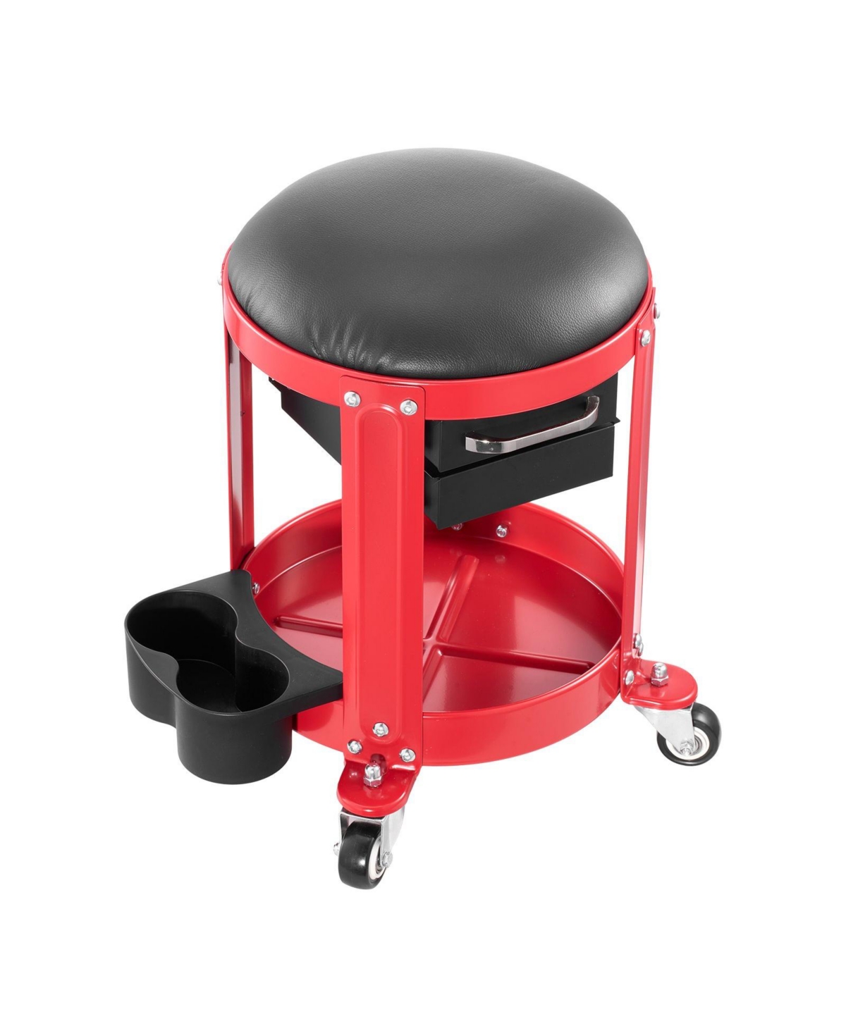Mecale Rolling Mechanic Stool with Wheels, 300 lb Capacity, Padded Fixed-Height Creeper Seat with Tool Tray & 2 Drawers, Red/Black