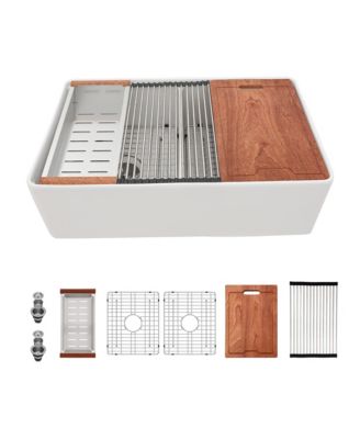 huluwat 33x20x10inch White Farmhouse Sink Ceramic Porcelain Double Bowl Workstation Kitchen