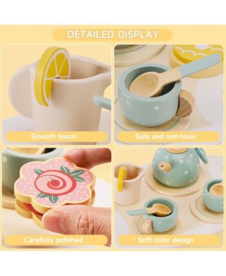 15-Piece Wooden Tea Set for Kids, Pretend Play Toy with Teapot, Cups & Treats