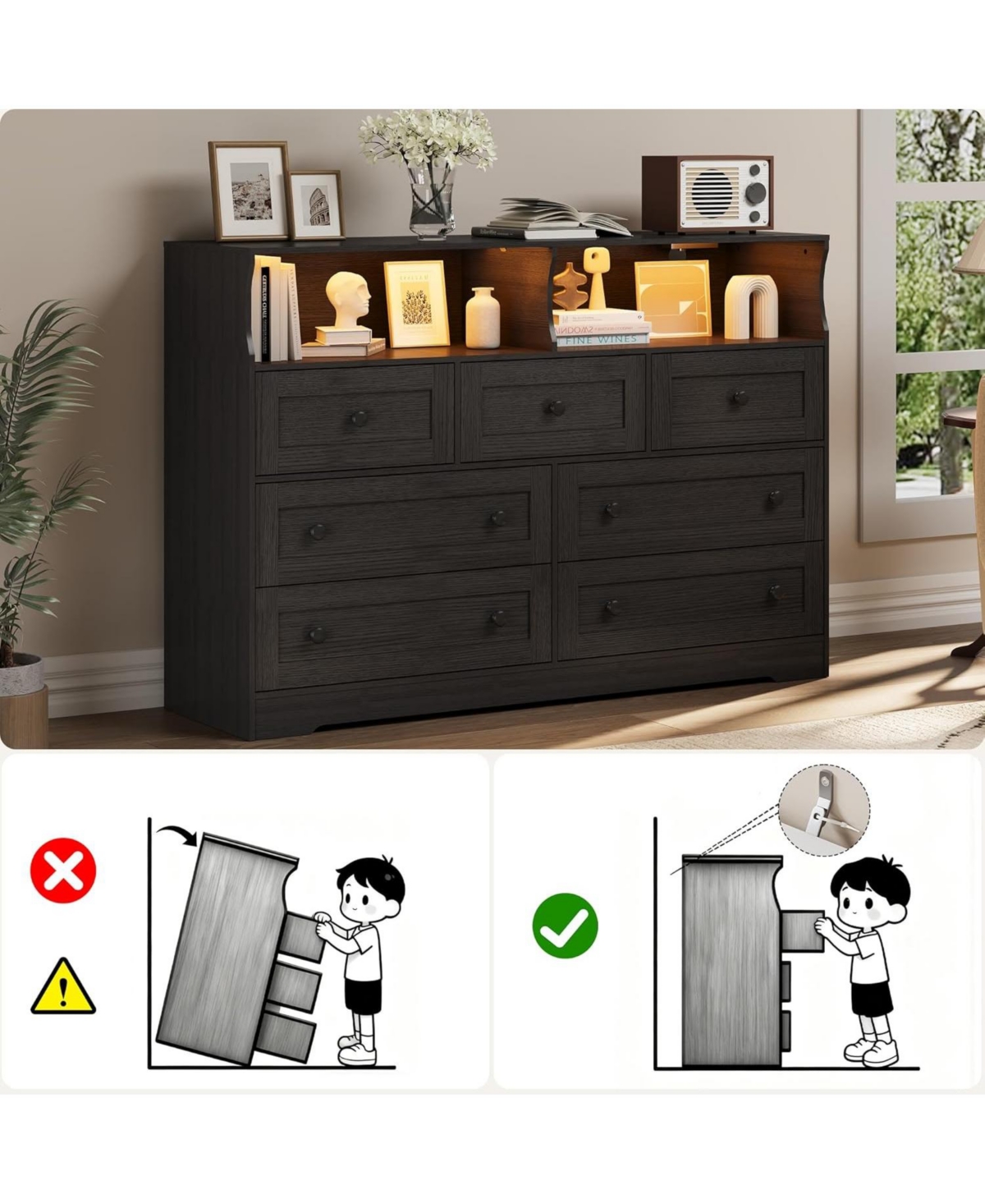 gaomon 7 Drawer Dresser for Bedroom with Led Lights, Wooden Chest of Drawers with 2 Open Compartments and Charging Station